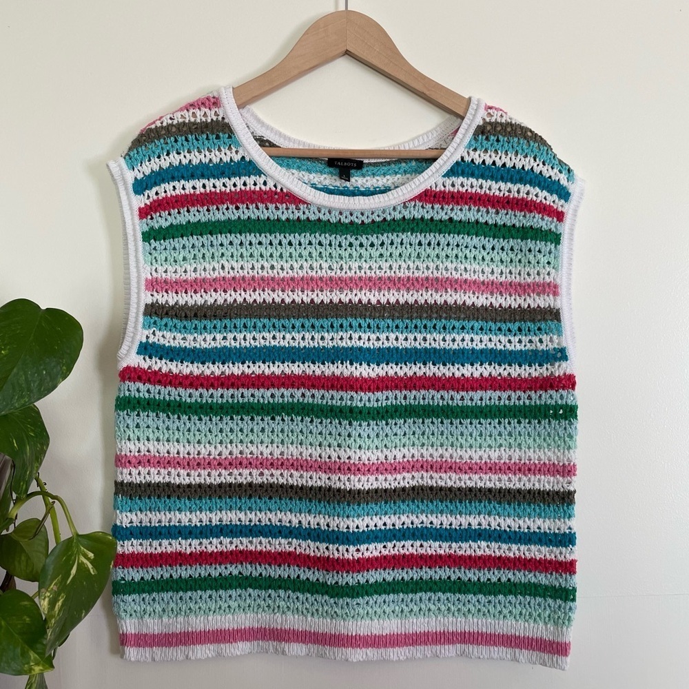 Talbots Crocheted Cap Sleeve Top Multicolored Stripe Size L